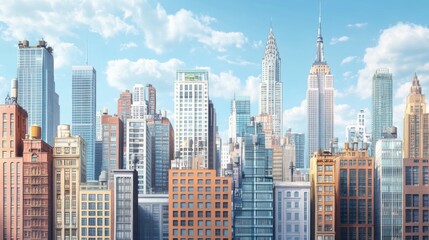 Obraz premium A wide-angle view of the city skyline featuring various high-rise buildings and landmarks, illustrating the diversity of architectural styles