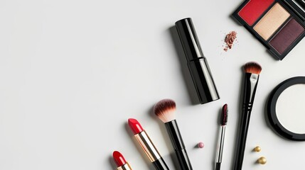 Flat lay of makeup products on white background, featuring lipstick, eyeshadow, blush, brushes, eyeliner.