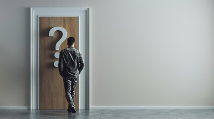 A man stands in front of a door with a question mark on it, contemplating his options.