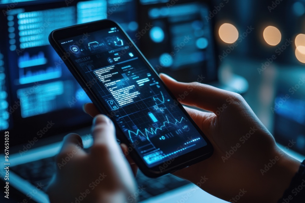 Poster close-up of hands holding smartphone with data display