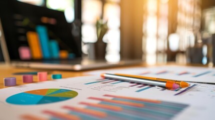 Market trends report on a desk, featuring industry insights, charts, and future predictions with copy space