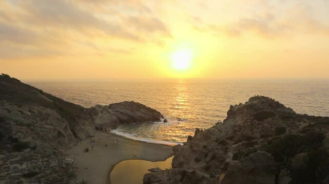 Gorgeous view to the Nas beach with Chalares canyon at the remote North Aegean Island of Ikaria in Greece at sunset.