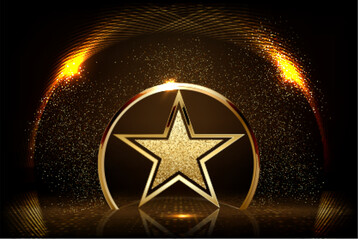 Gold podium with star vector illustration. Abstract golden award platform with glowing rays, glitter confetti sparkle rain falling from above background for product presentation.