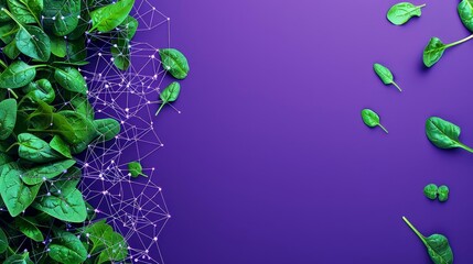 Green spinach leaves with a purple background and abstract network design