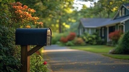 A Black Mailbox Stands Tall on a Residential Driveway, Surrounded by Lush Greenery