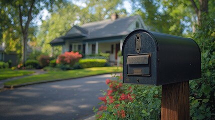 Black Mailbox in Front of House with Red Flowers