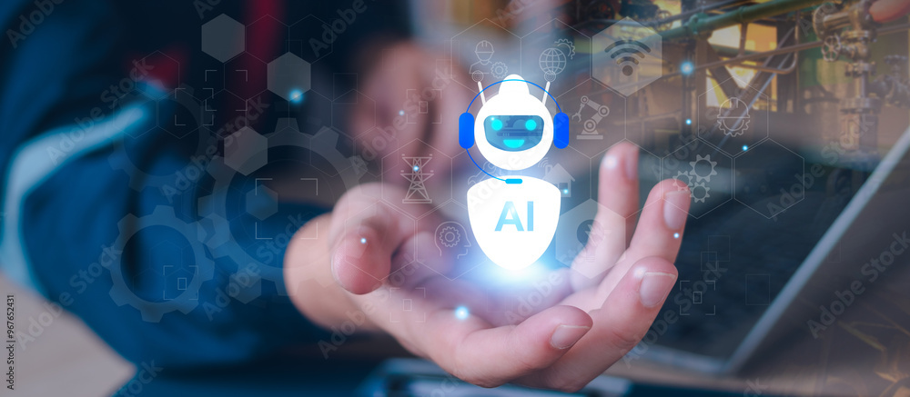 Poster industry 4.0, ai, smart industry factory, industrial revolution, engineer use ai interface record an
