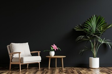 Modern living room with an armchair, table, flower, and plant against a black wall background