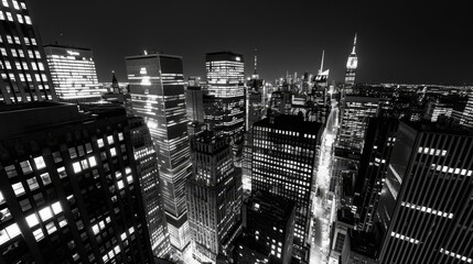 Black and white aerial view of a modern city skyline at night.