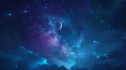 A starry night sky with a crescent moon and clouds.