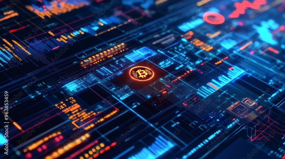 Poster a glowing bitcoin symbol displayed on a futuristic digital screen with colorful graphs and data, rep
