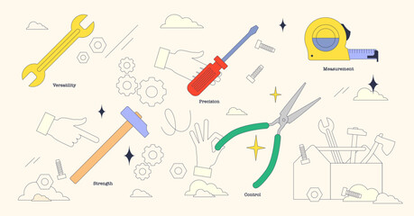 Toolbox instruments and their purpose tiny neubrutalism collection set. Labeled elements with DIY equipment tools for versatility, strength, precision, control and measurement vector illustration.