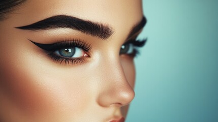Fototapeta premium A woman with bold, arched eyebrows in a glamorous makeup look, highlighting the dramatic effect of well-defined brows.