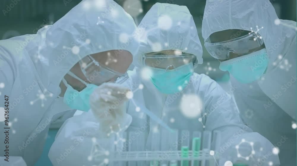 Poster animation of molecules over diverse scientists doing experiments