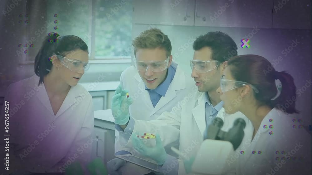 Poster animation of shapes over caucasian scientists doing experiments