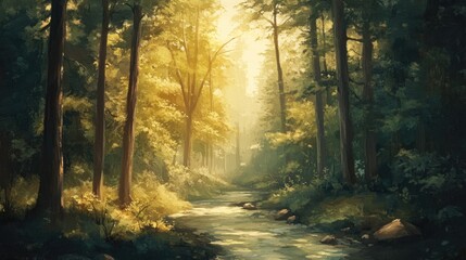Obraz premium A nature painting featuring a serene forest with tall trees and a flowing river in soft brushstrokes