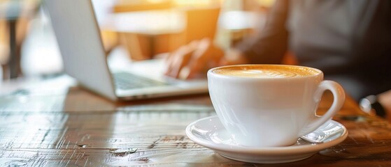 Office worker on a coffee break purchasing online, candid shot with laptop, soft focus on background cafA