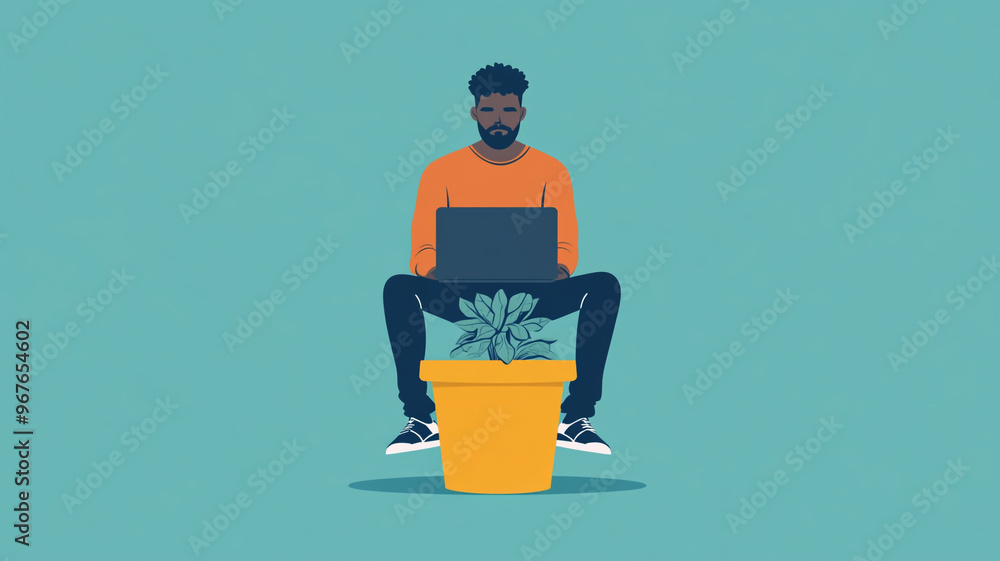 Poster a man working on a laptop while seated on a planter in a bright, minimalist setting