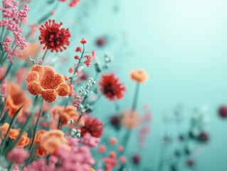 Probiotic bacteria glowing softly in a meadow of wildflowers, interacting with natural pollens and plant cells, Fantasy, Soft light