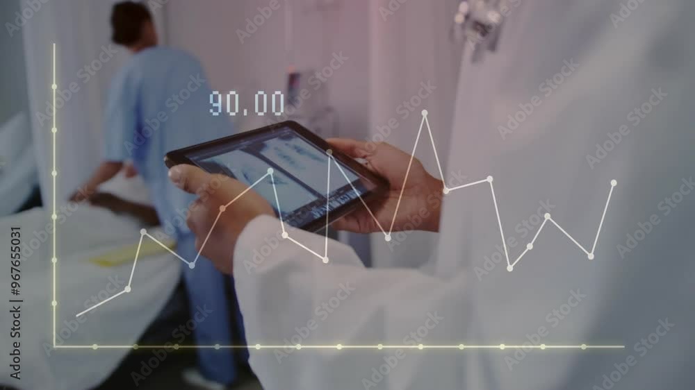 Sticker Animation of data processing and diagrams over caucasian doctor using tablet