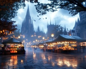 Naklejka premium Halloween street market in a fog-filled city square eerie trinket stalls glowing under dim lanterns