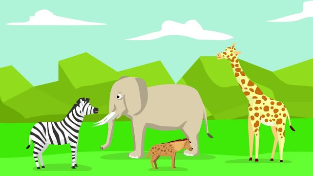 Animated safari video with animals in the wild, Africa.