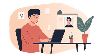 A young man working on a laptop in a cozy workspace with plants and a personal photo on the wall