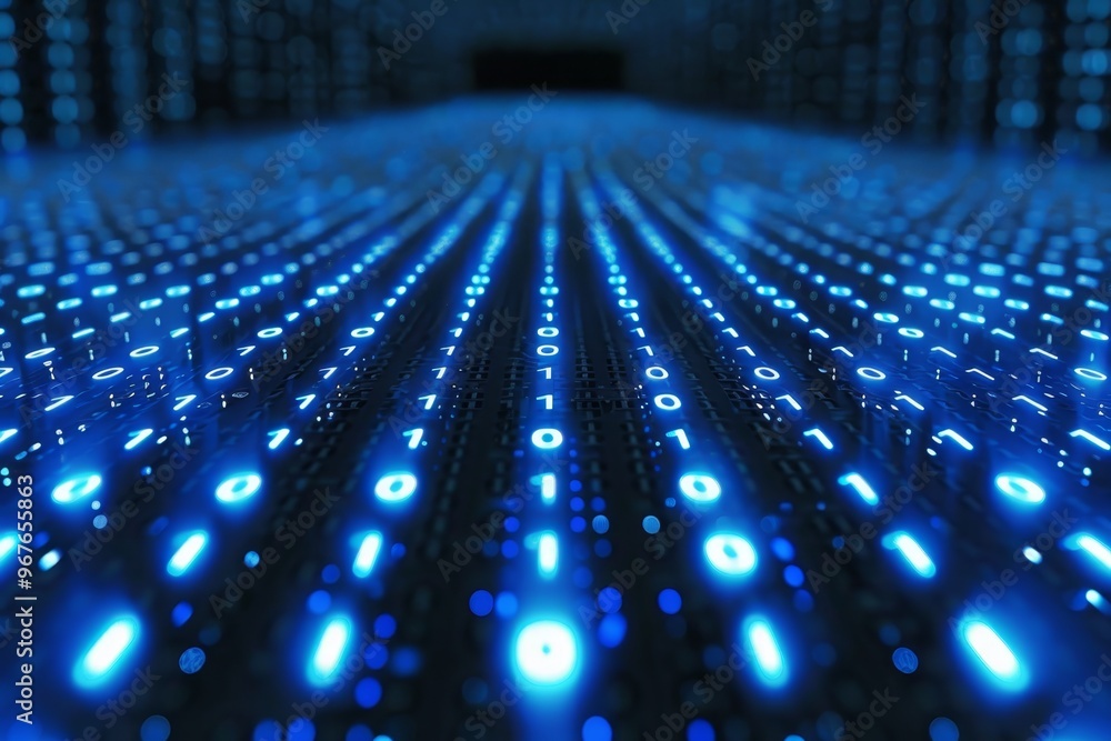 Poster binary code data flowing in server room, big data concept. technology background, 3d illustration
