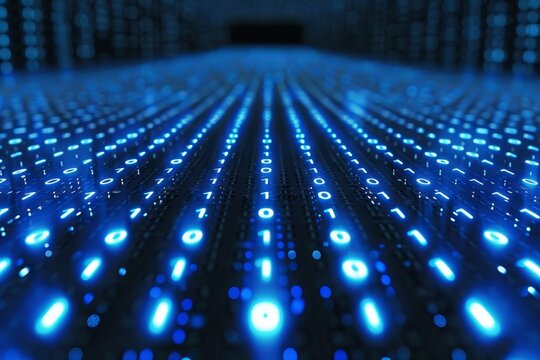 Binary Code Data Flowing in Server Room, Big Data Concept. Technology Background, 3D Illustration