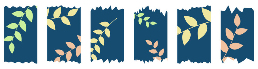 Set of blue washi tapes with leaves pattern isolated on white. Washi tape collection in vector. Pieces of decorative tape for albums. Torn paper