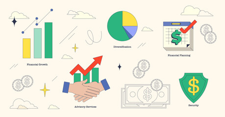 Wealth management and financial assets organization neubrutalism collection. Labeled elements with money growth, diversification, advisory services and financial planning services vector illustration