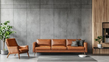 Modern Living Room with Leather Sofa and Concrete Wall