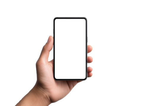 Person holding a smartphone with a blank screen, cut out transparent
