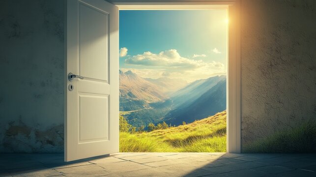 A door standing ajar, opening to a vibrant, bright landscape, symbolizing the start of something new and filled with optimism