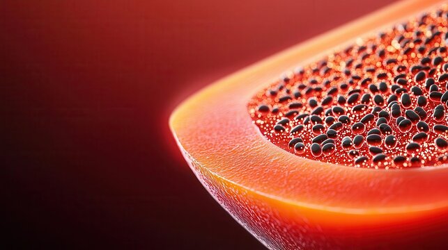A cross-section of a fruit with probiotic bacteria glowing around its seeds, symbolizing nature's inner vitality, 3D rendering, Bright, organic colors
