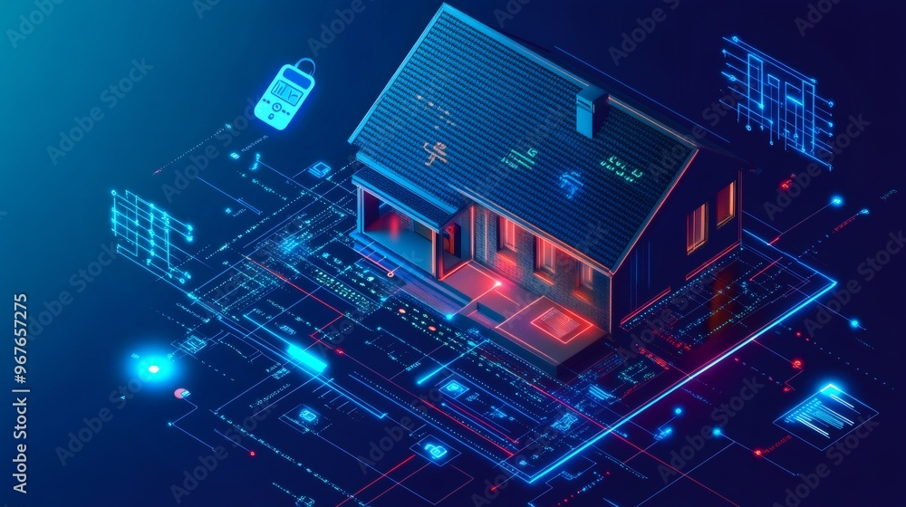 Poster 3d rendering of a futuristic smart home with neon lights and digital interface.