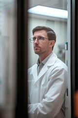 A thoughtful scientist in a lab coat reflects on research findings inside a modern laboratory during a quiet afternoon