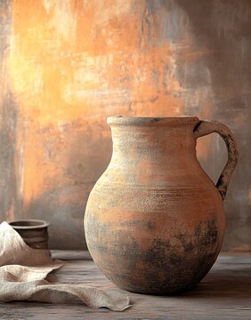 A rustic clay jug rests elegantly on a wooden table against a textured orange background, showcasing the art of pottery in a serene setting