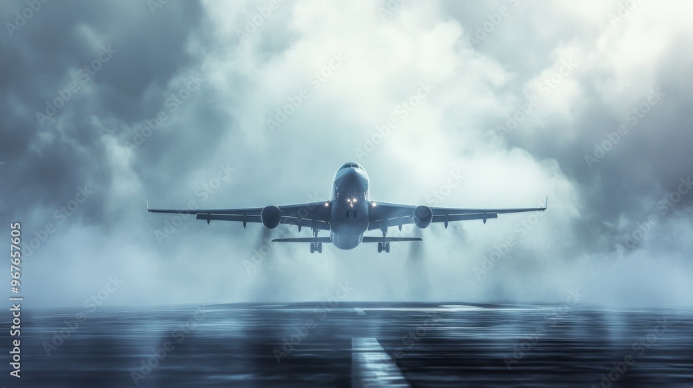 Poster an airplane lifting off from a foggy runway, with the mist and clouds partially obscuring the aircra