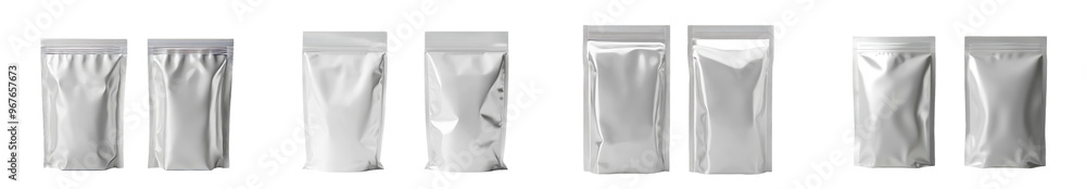 Poster front and back views of foil plastic paper bags isolated on white. packaging template mockups with c