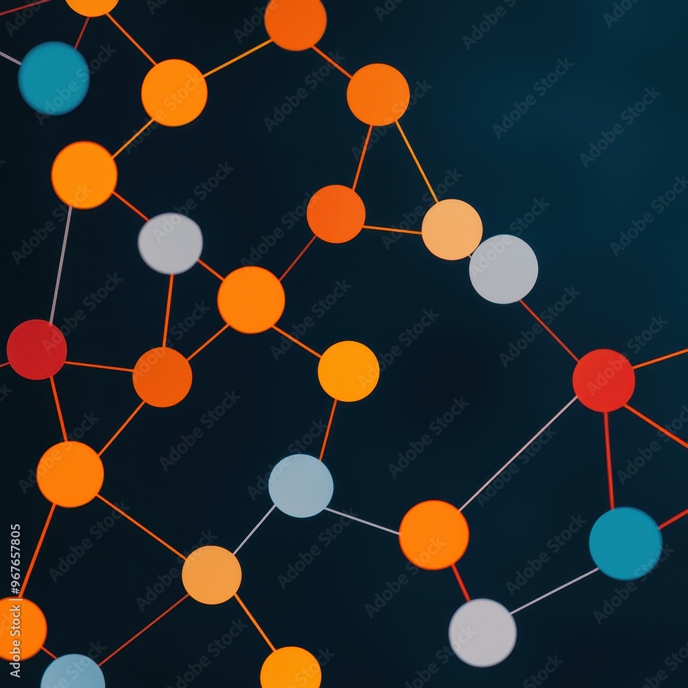 Poster abstract network illustration with colorful nodes and connections, representing data, technology, an