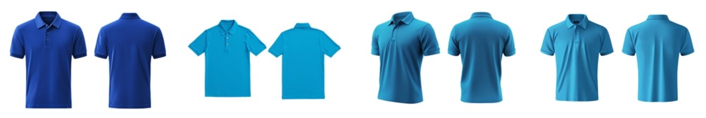 Blank blue polo shirt, front and back views, isolated white background. Design polo shirt, template and mockup.