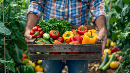  Close up young farmer hands holding a box of organic mixed colorful vegetables in agriculture farm