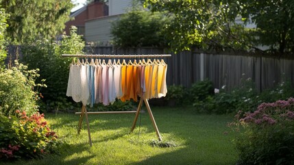 An outdoor clothes drying rack set up in a backyard or garden, with clothes fluttering in the breeze on a sunny day.