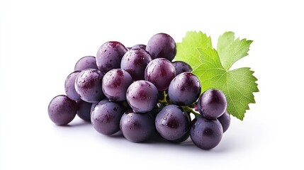 Fototapeta premium Bunch of ripe purple grapes with leaves, isolated on a white background.