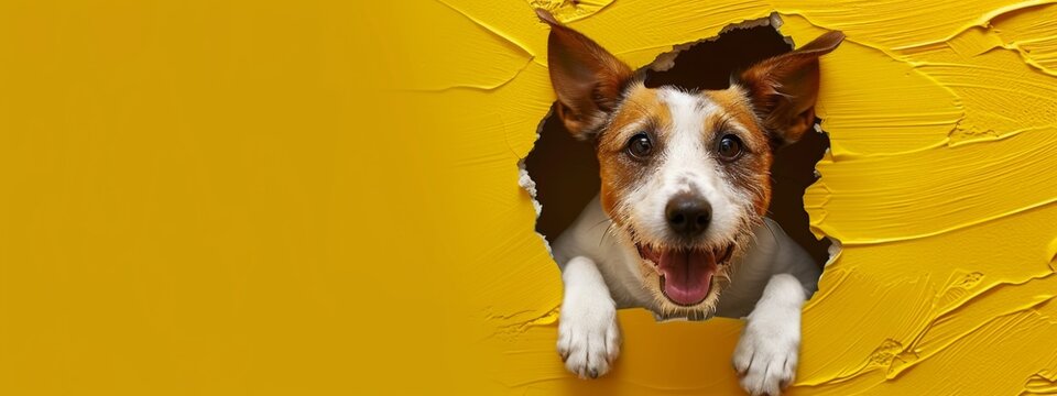  A happy Rusell terrier dog breaking through yellow wall with a hole in the right, with left blank copy space
