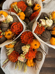 autumn still life with pumpkins, holiday flowers  