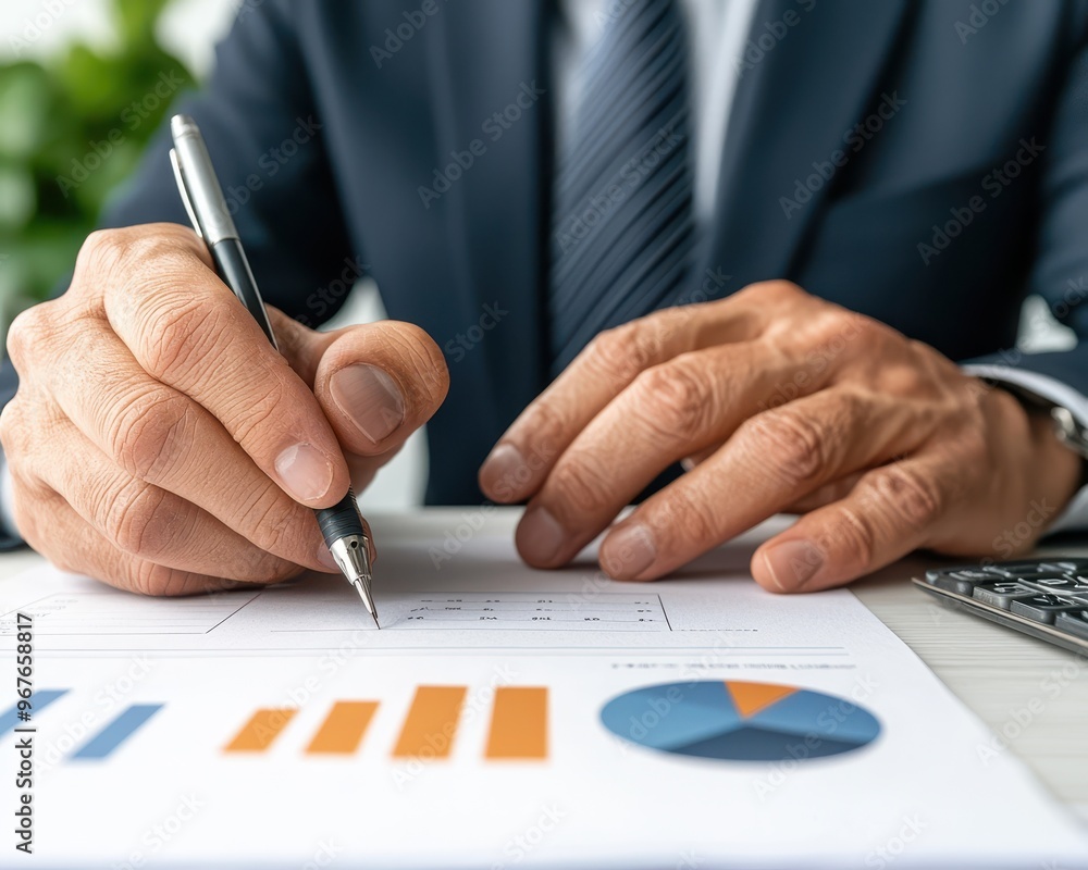 Poster a businessman analyses financial data, focusing on charts and graphs to make informed decisions in a