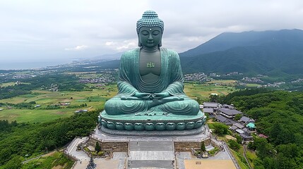 Fototapeta premium Majestic green Buddha statue overlooking serene landscape and mountains.