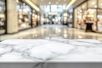 A marble countertop in focus inside a vibrant shopping mall during daylight showcasing elegant store displays and a lively atmosphere filled with shoppers